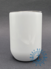 Load image into Gallery viewer, 12 oz. White Sublimation Stemless Wine Glass which has straight sides for easy sublimation. Comes with upgraded lid with silicone sliding stopper.
