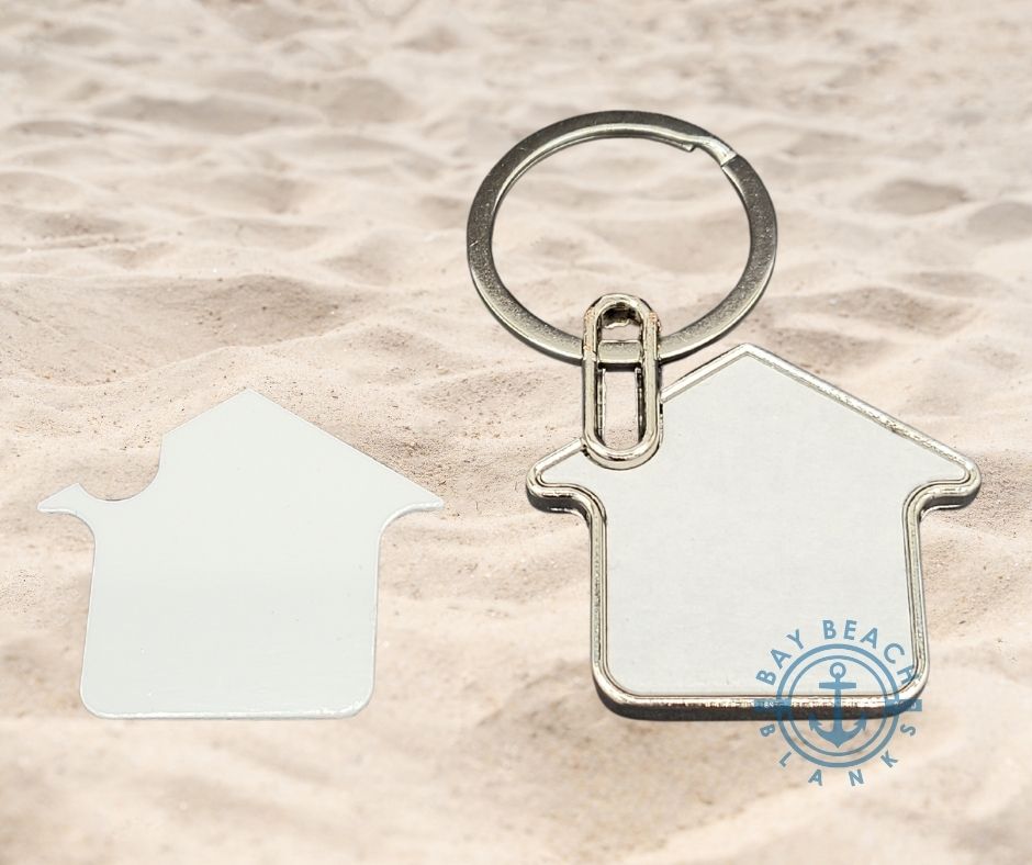 Sublimation Metal Key Chain - Bay Beach Blanks house shape is double sided  for sublimation to customize. These would be great for realtors gifts for first time home buyers