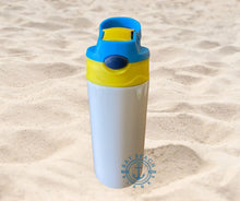 Load image into Gallery viewer, 12 oz sublimation kids water bottle with flip top and build in straw. Can be customized and personalized to give as gifts. They are double wall insulated and great for both hot and cold beverages and are leak proof. Available in many different colo
