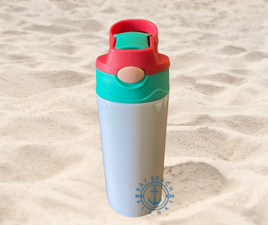 12 oz sublimation kids water bottle with flip top and build in straw. Can be customized and personalized to give as gifts. They are double wall insulated and great for both hot and cold beverages and are leak proof. Available in many different colo