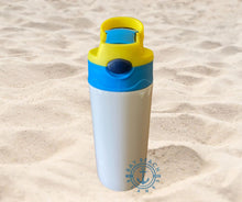 Load image into Gallery viewer, 12 oz sublimation kids water bottle with flip top and build in straw. Can be customized and personalized to give as gifts. They are double wall insulated and great for both hot and cold beverages and are leak proof. Available in many different colo

